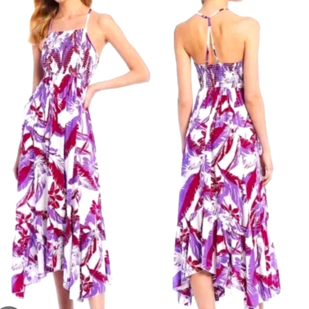 Free People Heat Wave High Low.Purple and White Floral Maxi Dress Size L